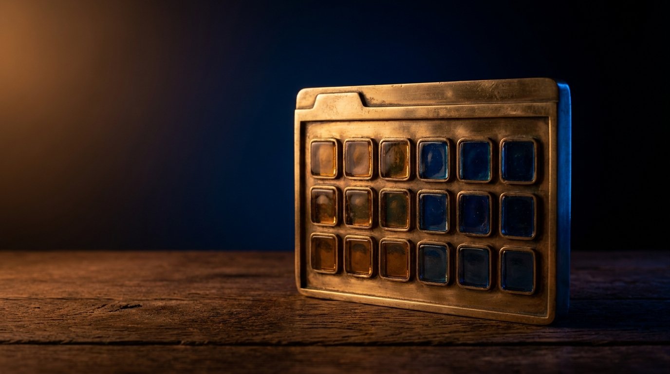A single brass browser window on dark wood, dim warm amber side light, deep navy shadows, no people, no logos.