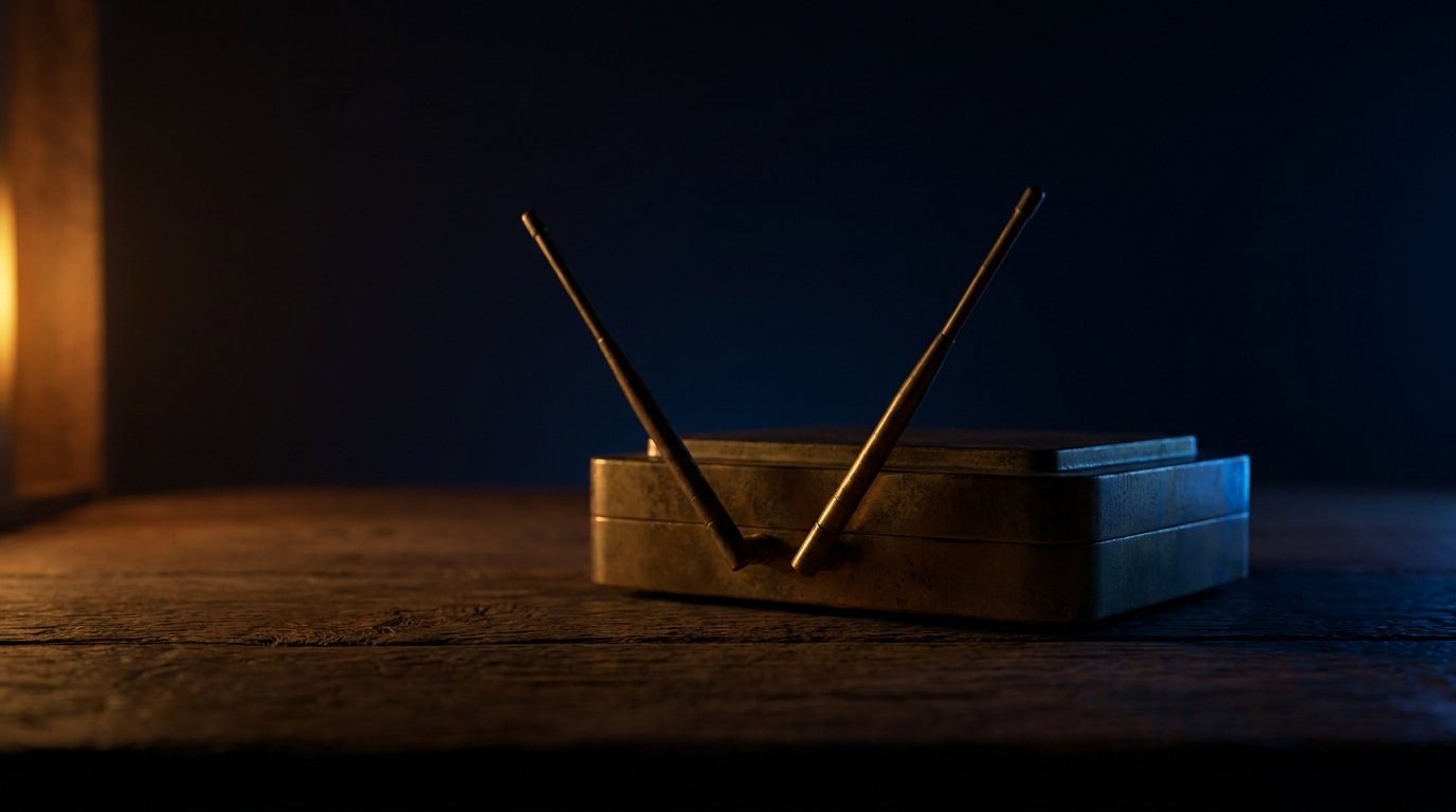 A single brass edge device with antennas on dark wood, dim warm amber side light, deep navy shadows, no people, no logos.