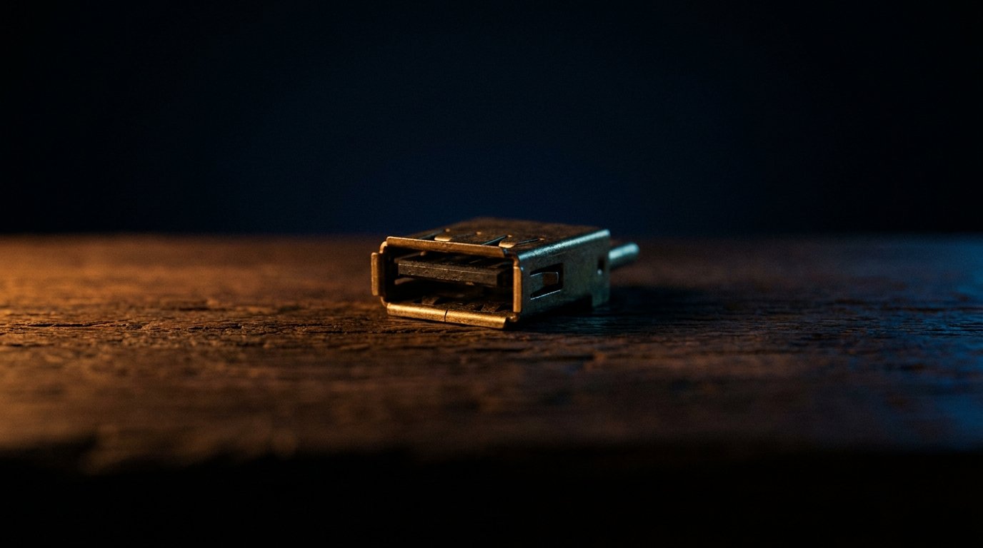 A single brass USB port on dark wood, dim warm amber side light, deep navy shadows, no people, no logos.