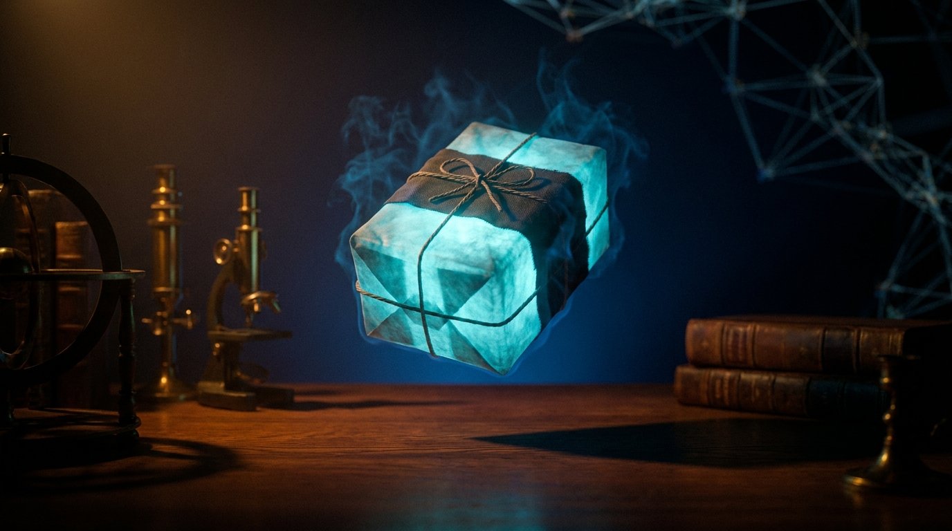 Abstract supply chain attack as glowing cyan poisoned package floating into a network on dark navy, chiaroscuro from above, no people, no logos.