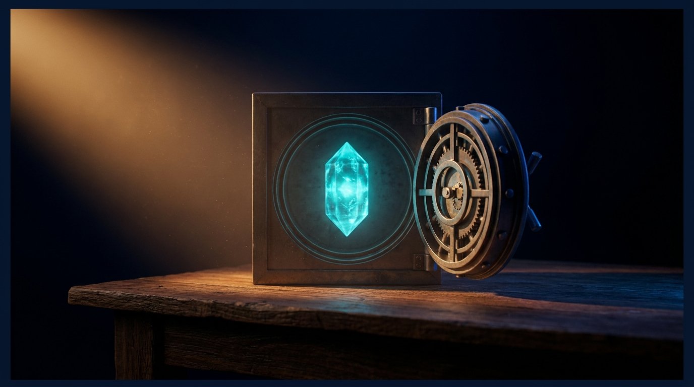 Abstract backup safety as glowing cyan offline copy floating in a vault on dark navy, chiaroscuro from above, no people, no logos.