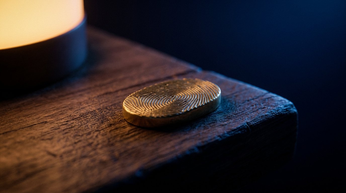 A single brass fingerprint on dark wood, dim warm amber side light, deep navy shadows, no people, no logos.