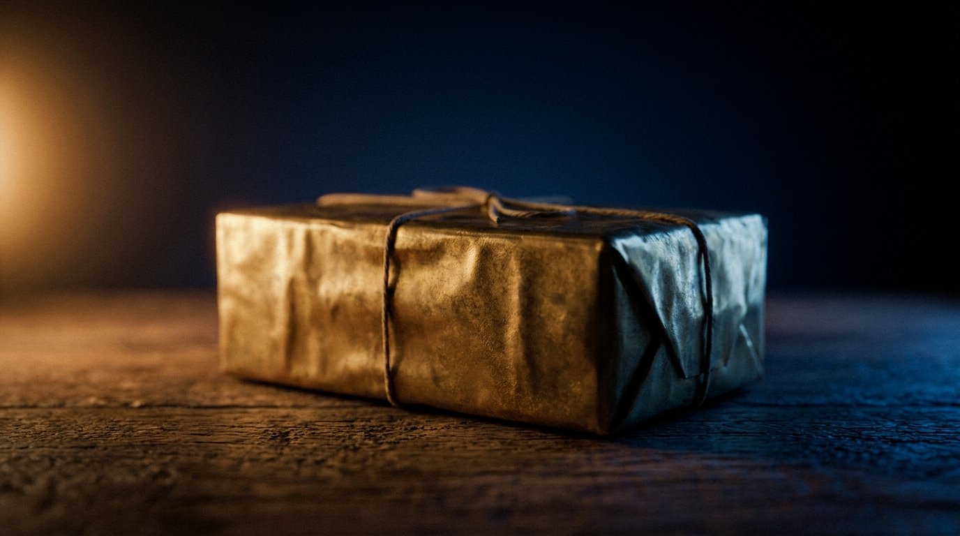 A single brass package on dark wood, dim warm amber side light, deep navy shadows, no people, no logos.