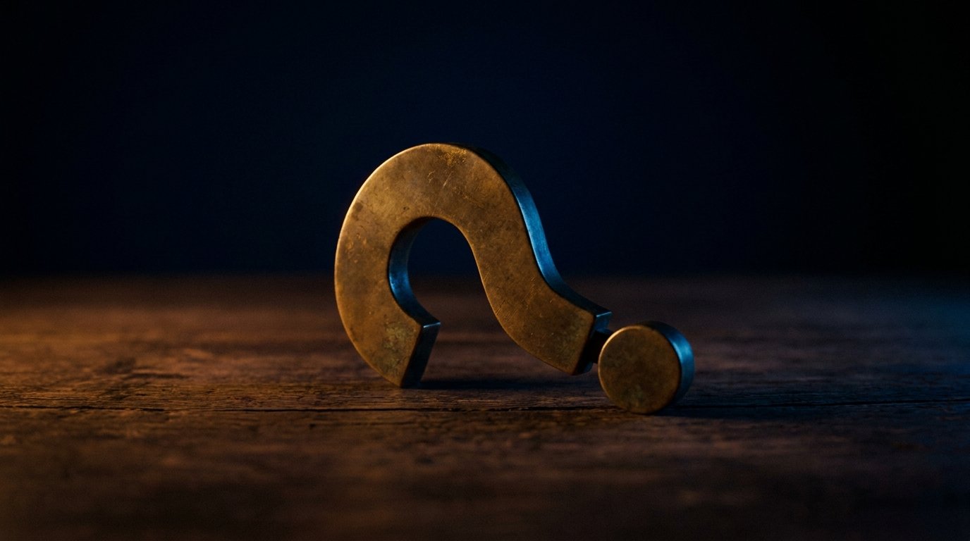 A single brass question mark on dark wood, dim warm amber side light, deep navy shadows, no people, no logos.