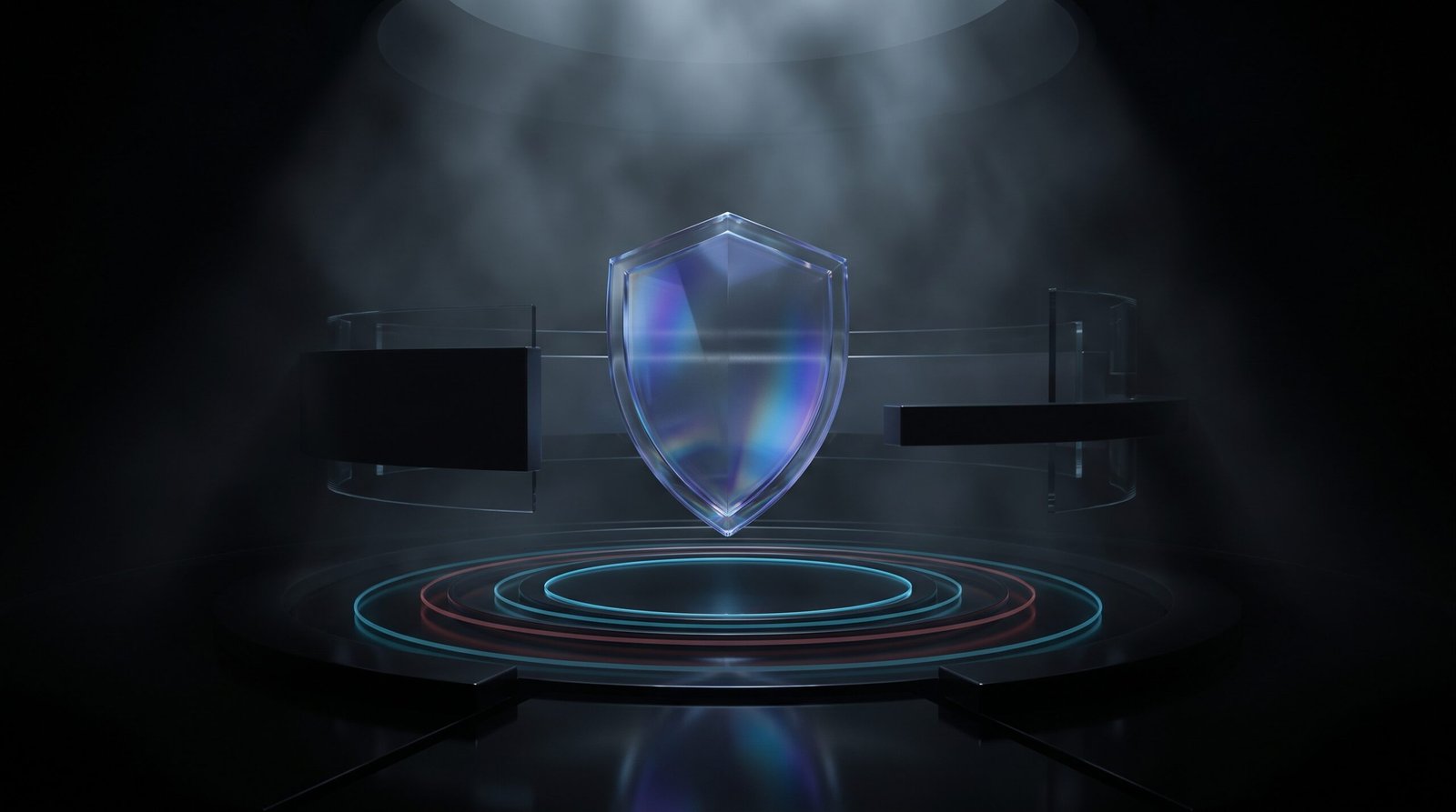 A translucent glass shield suspended above a polished black platform, refracting ambient light, surrounded by concentric cyan and red detection rings on a dark floor. No text, no logos, no operating system elements. Dark technological noir still life.
