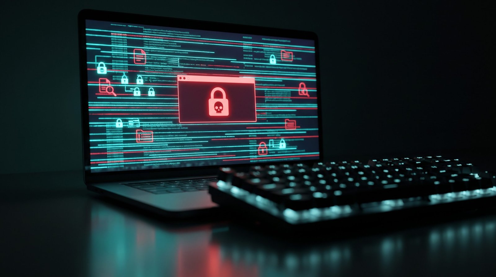 Laptop screen in a dim room showing antivirus detection logs and a ransomware alert window, no readable text. Dark technological noir still life.