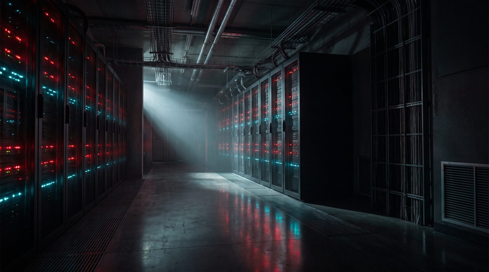 Dark server room corridor with rows of equipment racks disappearing into shadow, red and cyan indicator lights reflecting off a polished concrete floor. No text, no logos. Dark technological noir still life.