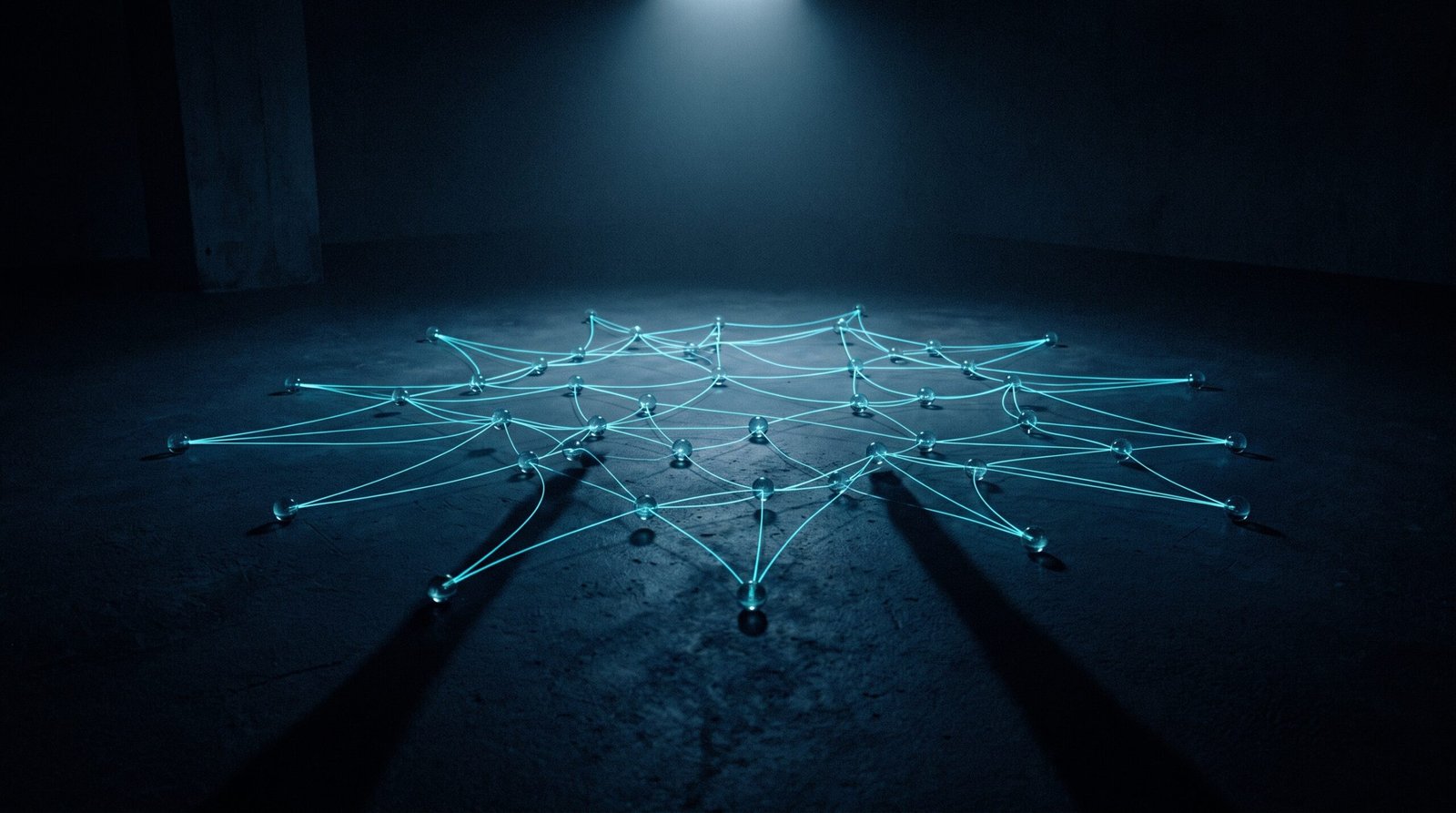 Abstract indie web as glowing cyan interconnected small nodes on a dark navy surface, dramatic chiaroscuro lighting from above.