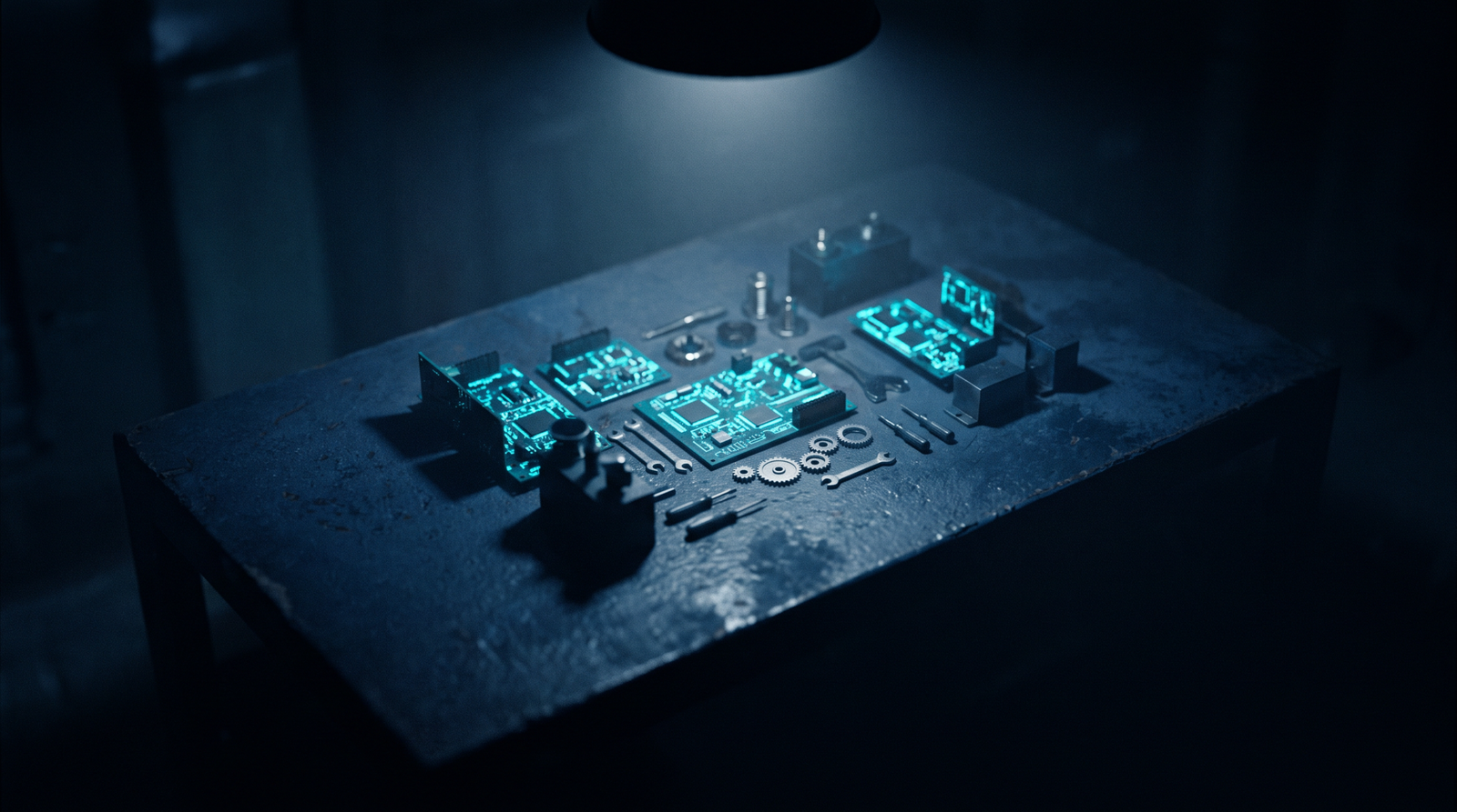 Abstract spare time software as glowing cyan small workshop on a dark navy surface, dramatic chiaroscuro lighting from above.