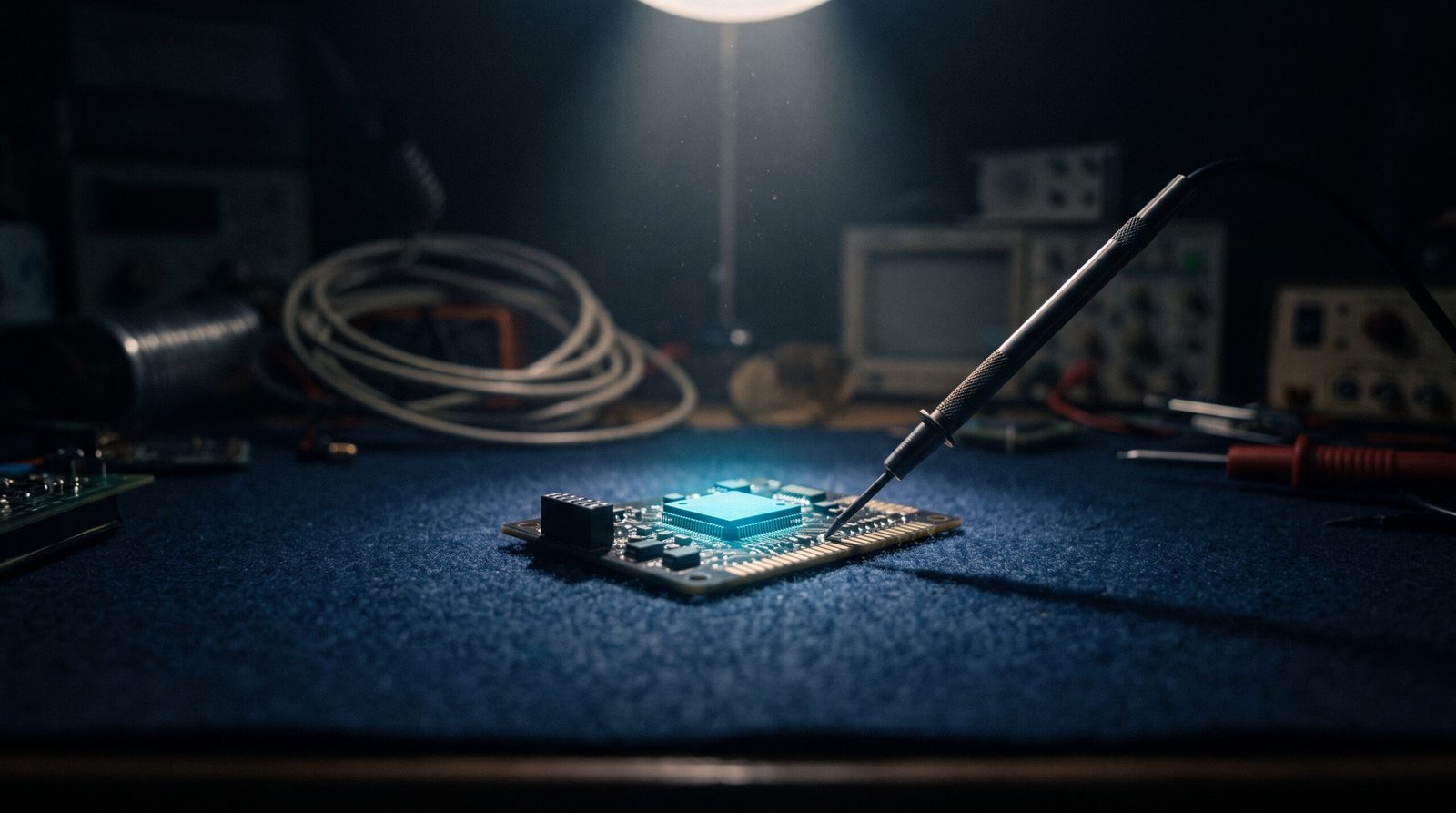 Abstract hardware hacking as glowing cyan chip with probe on a dark navy surface, dramatic chiaroscuro lighting from above.
