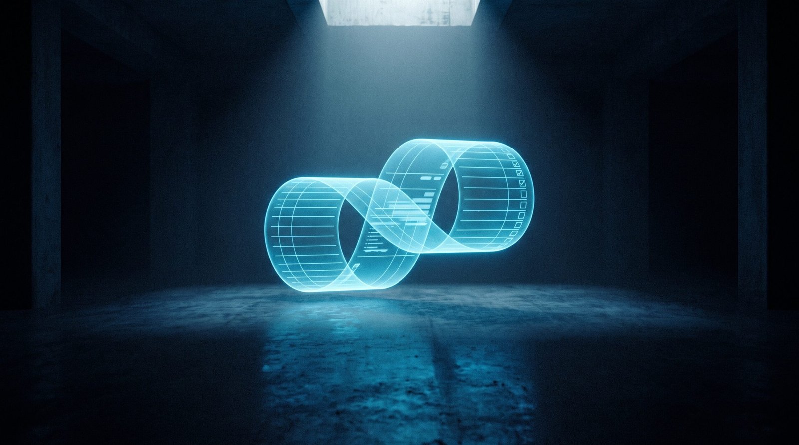 Abstract security questionnaire as glowing cyan endless form on a dark navy surface, dramatic chiaroscuro lighting from above.
