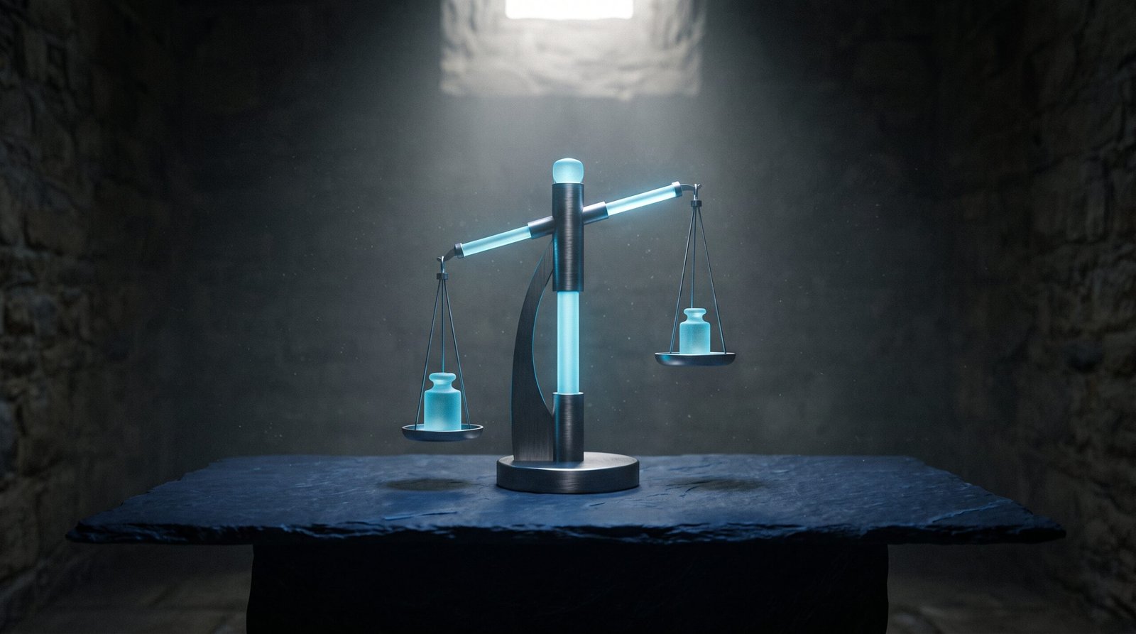 Abstract honest demo as glowing cyan balanced scale on a dark navy surface, dramatic chiaroscuro lighting from above.