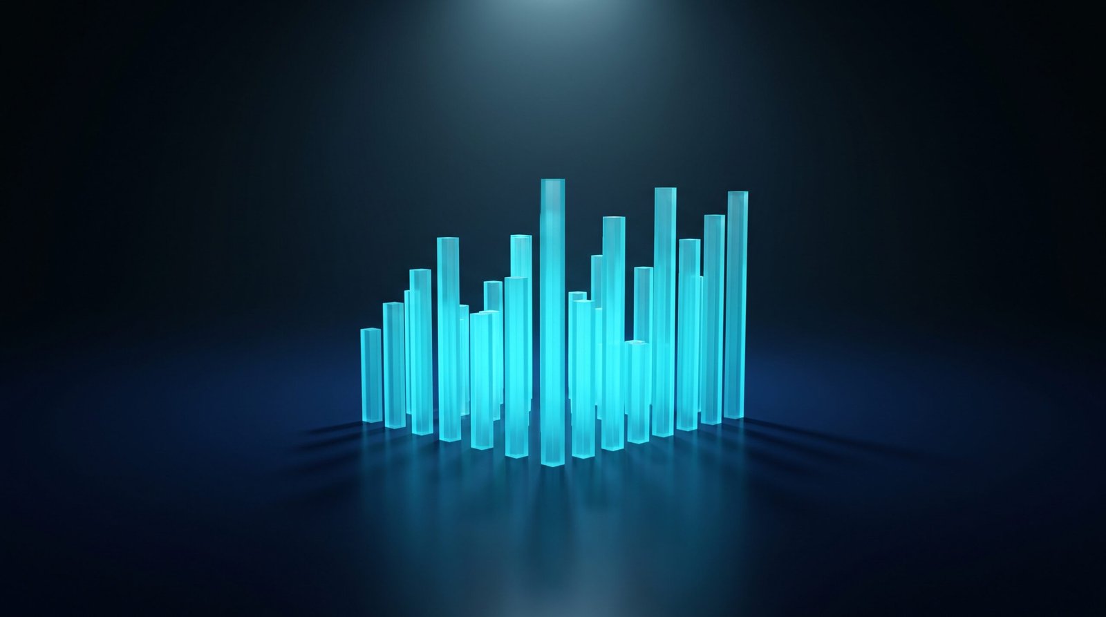 Abstract bar chart of regulatory fines as glowing cyan columns of varying heights on a dark navy surface, dramatic chiaroscuro lighting from above.