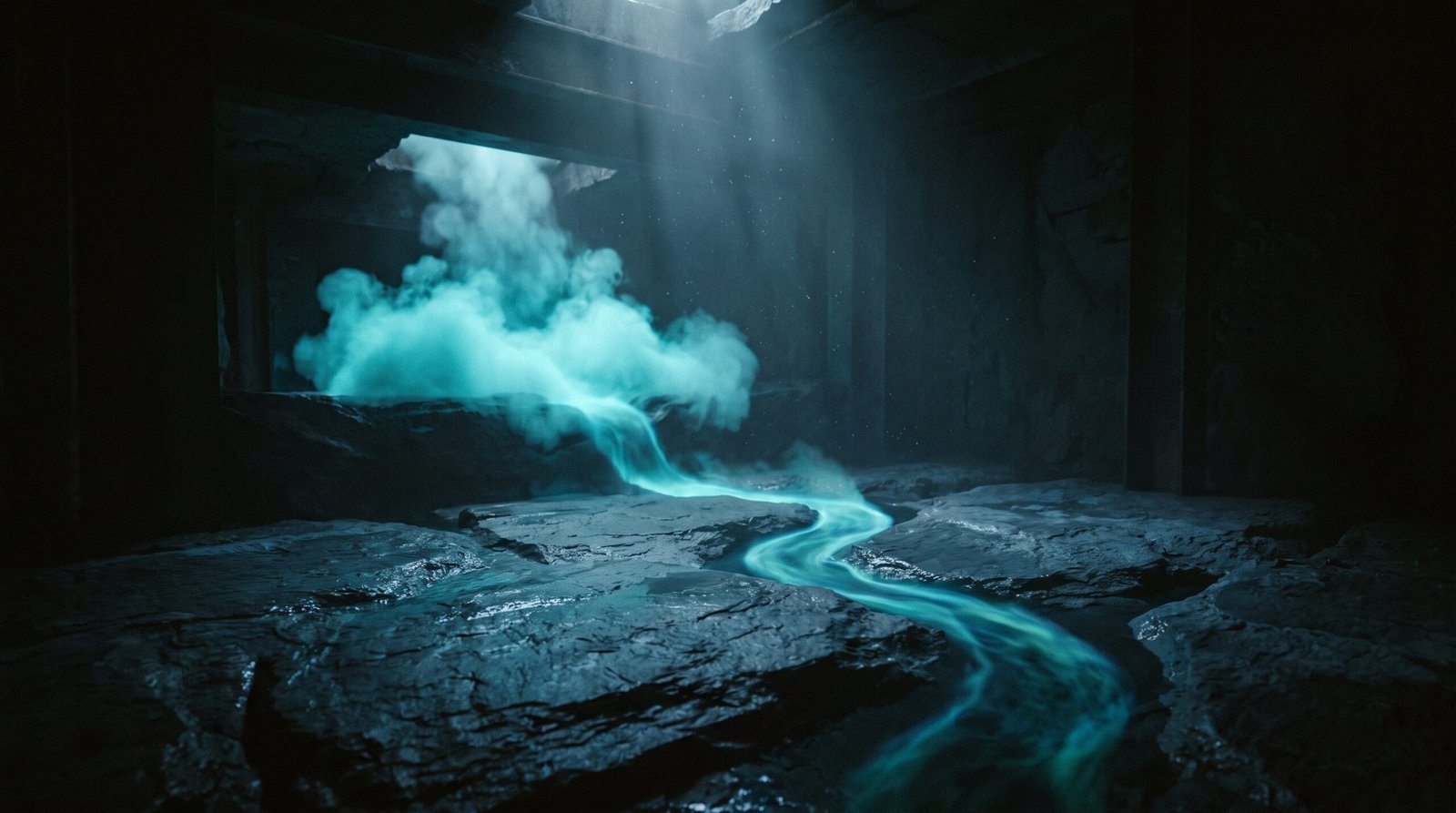 Abstract cloud egress as glowing cyan flowing stream narrowing on a dark navy surface, dramatic chiaroscuro lighting from above.