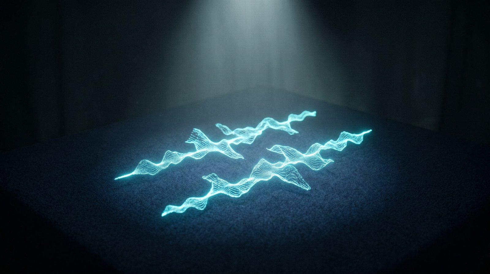 Abstract voice cloning as glowing cyan soundwave cloning into two on a dark navy surface, dramatic chiaroscuro lighting from above.