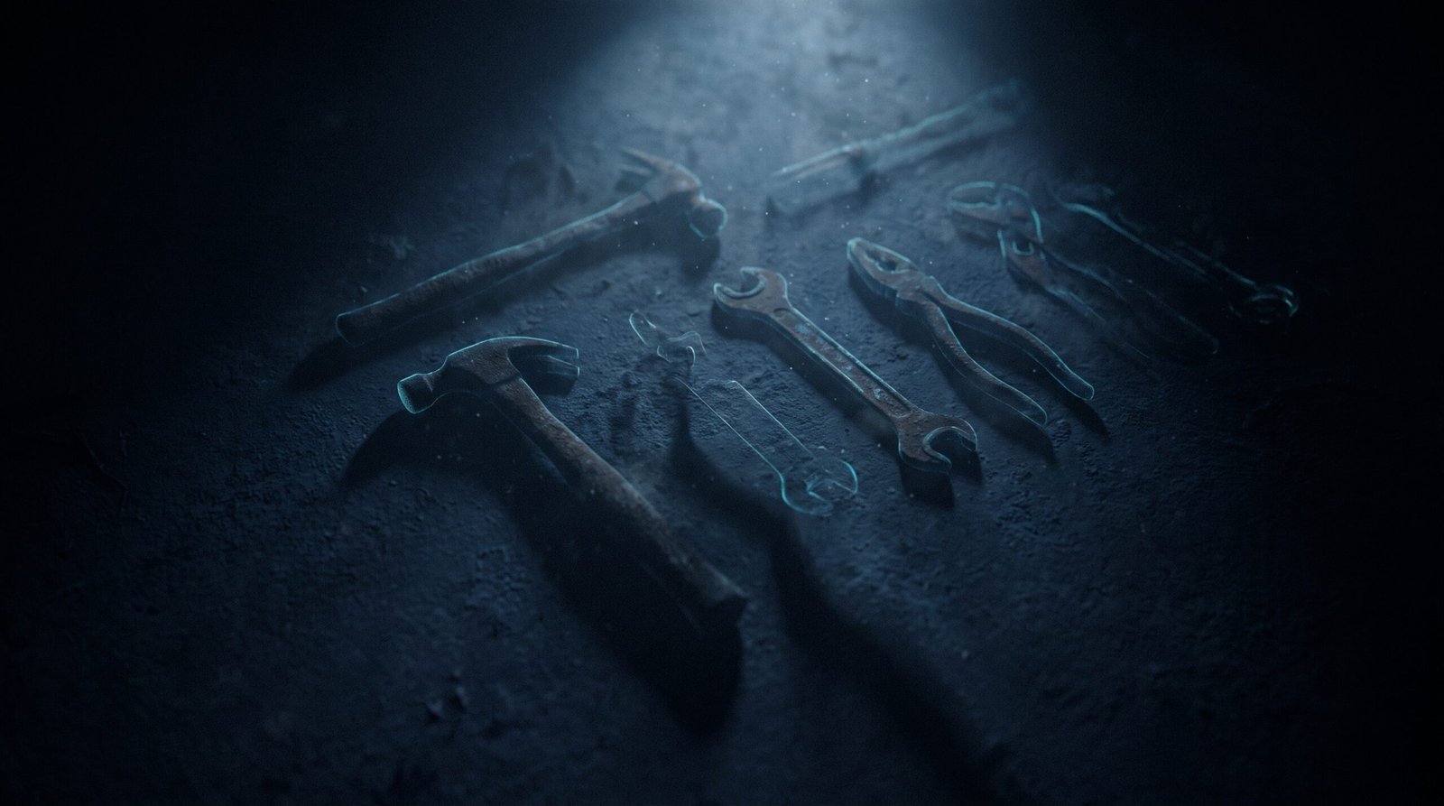 Abstract disappeared tools as glowing cyan fading outlines on a dark navy surface, dramatic chiaroscuro lighting from above.