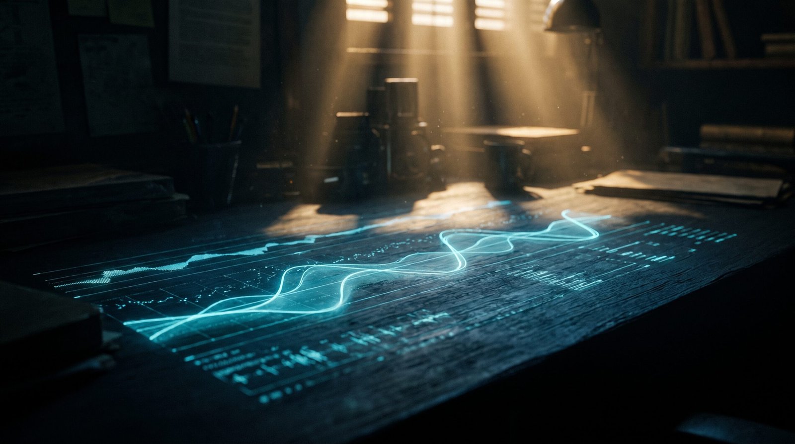 Abstract privacy preserving telemetry as glowing cyan blurred waveform on a dark navy surface, dramatic chiaroscuro lighting from above.