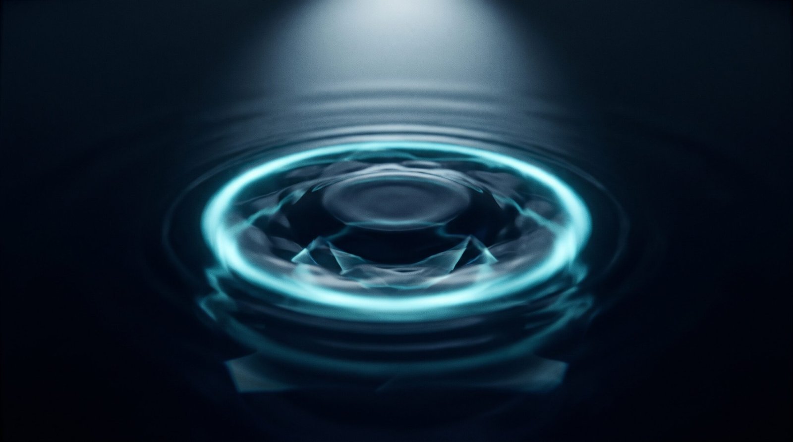 Abstract attack surface as glowing cyan expanding ripple on a dark navy surface, dramatic chiaroscuro lighting from above.