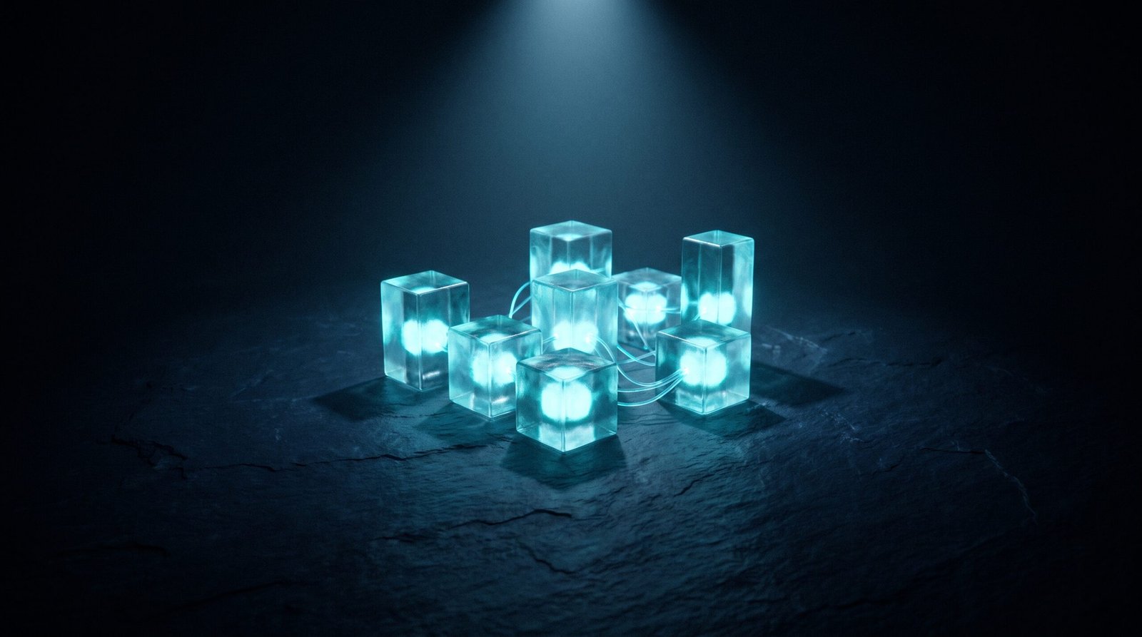 Abstract self hosting as glowing cyan local server on a dark navy surface, dramatic chiaroscuro lighting from above.