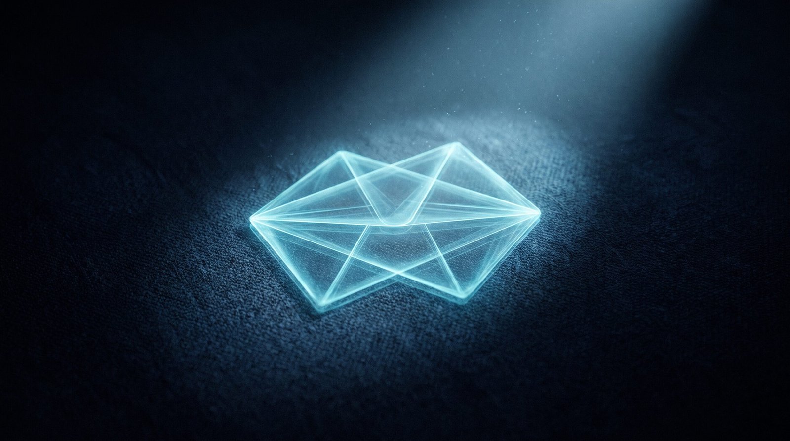 Abstract Postman problem as glowing cyan envelope on a dark navy surface, dramatic chiaroscuro lighting from above.