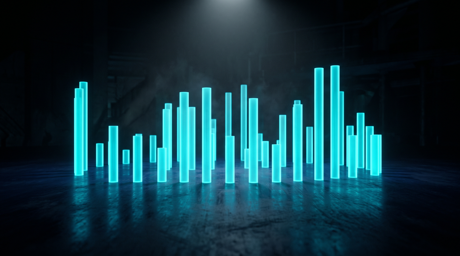 Abstract safety metrics as glowing cyan columns of varying heights on a dark navy surface, dramatic chiaroscuro lighting from above.