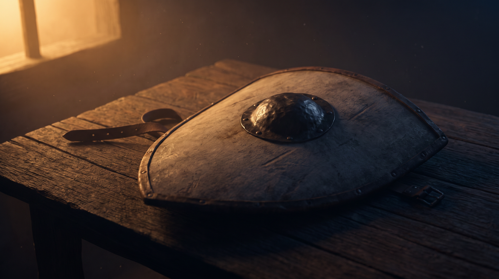 A single medieval shield on a dark wood surface, dim warm amber side light, deep navy shadows, no people visible.