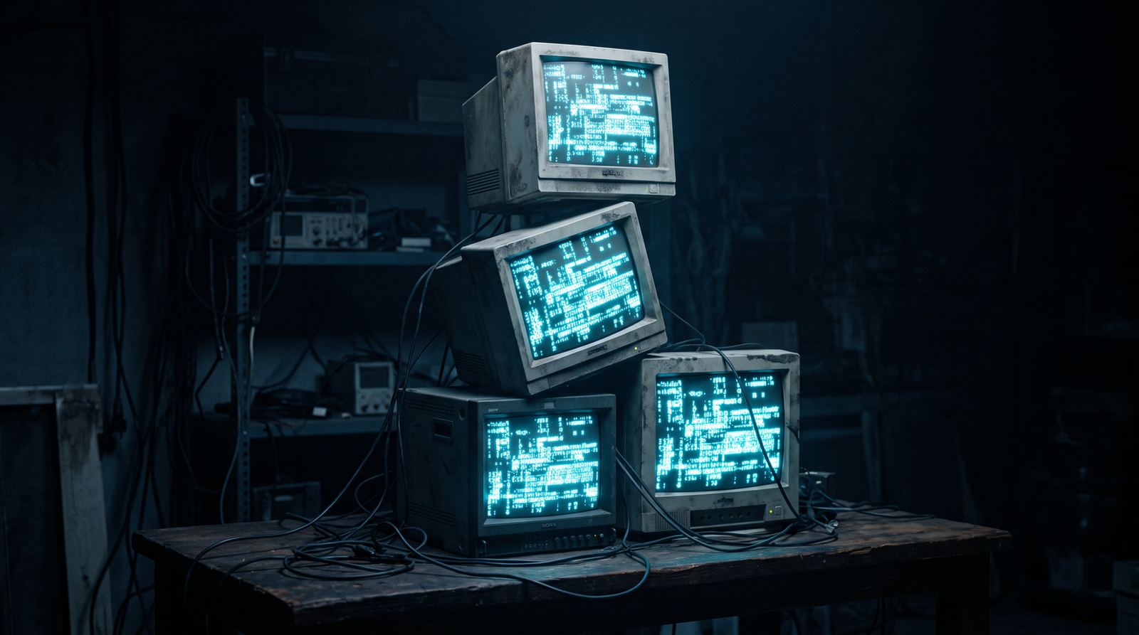 A precarious stack of three vintage CRT monitors in a dark room, all three screens glowing with the same abstract cyan light pattern, deep navy shadows, suggesting an overloaded system.
