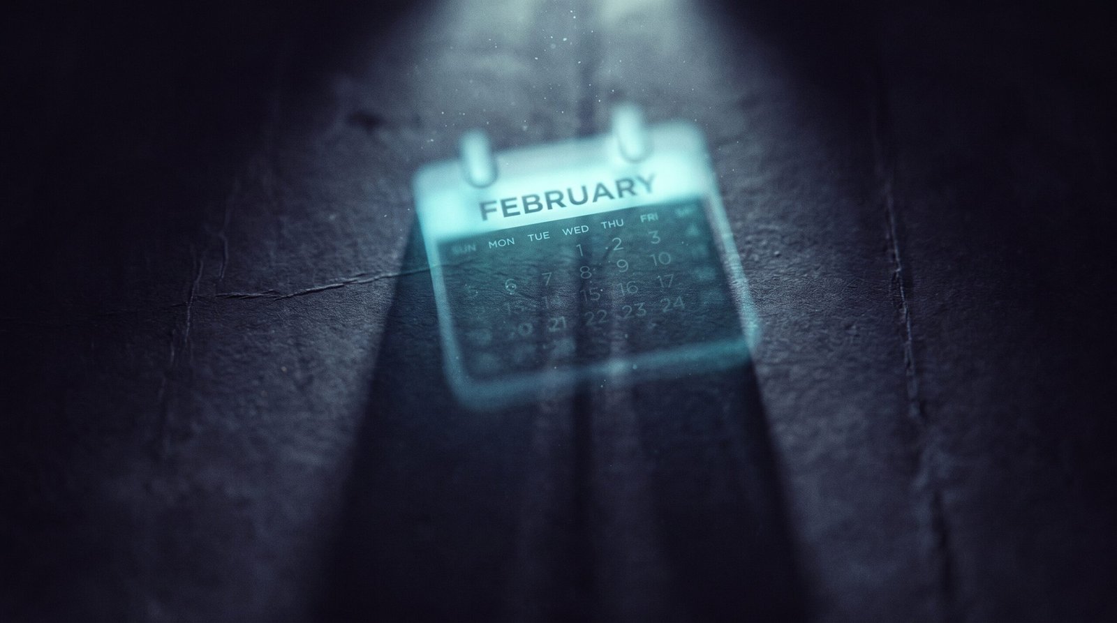 Editorial photo of a calendar page for February 2026 with three dates circled in red ink and a single yellow sticky note attached, dark wood desk.