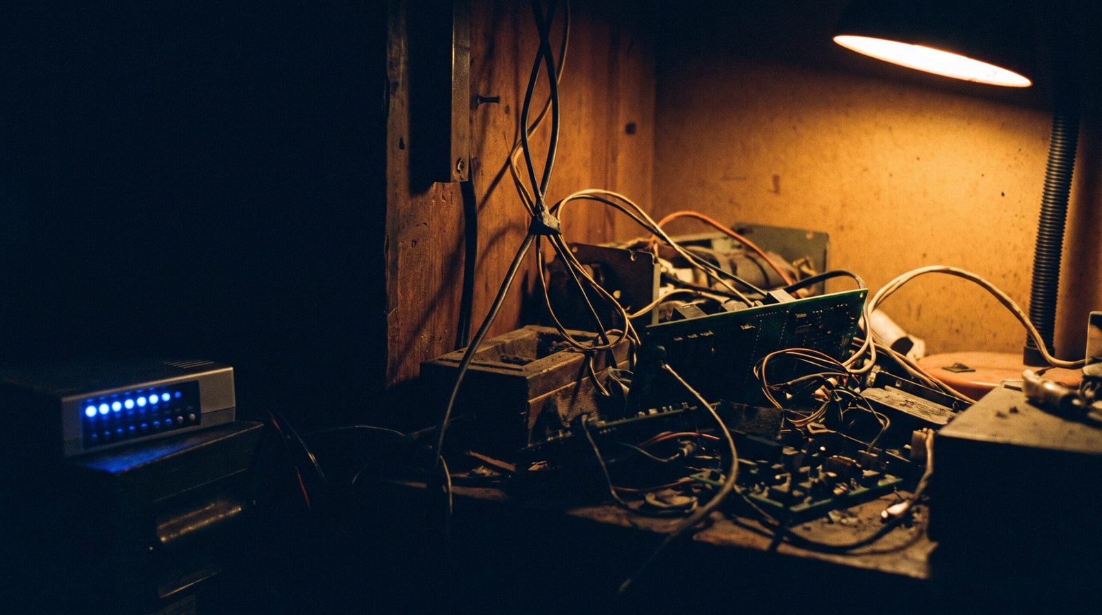 A tight close-up of a workbench corner with one warm amber desk lamp, scattered circuit boards and hardware, a small device with glowing cyan LED indicators on the left, deep navy shadows, cinematic dark moody editorial photograph.