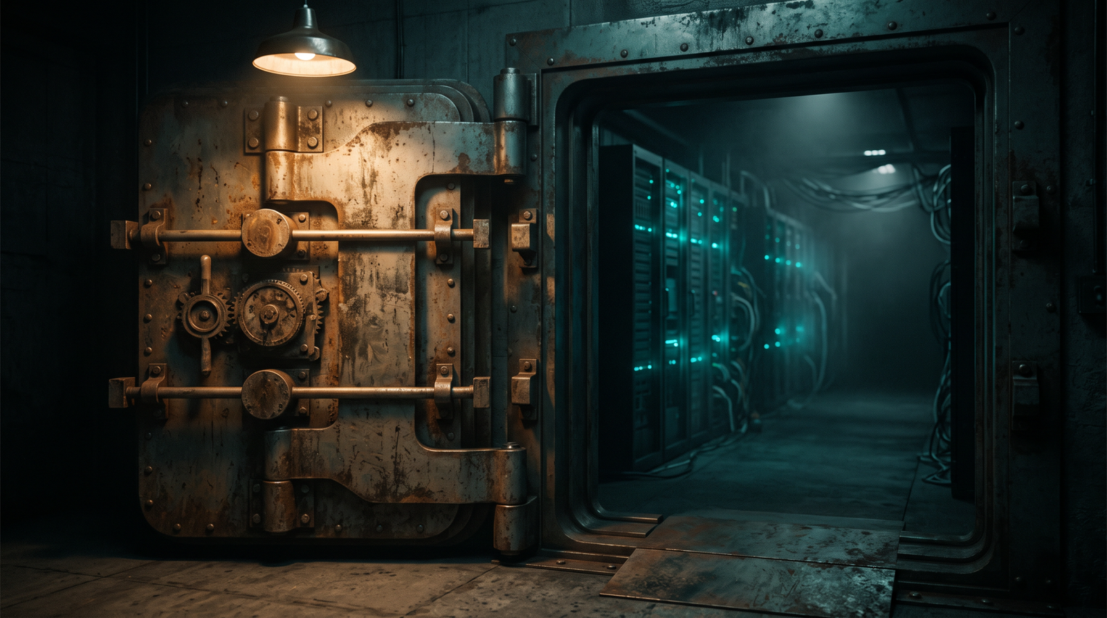A heavy steel vault door slightly ajar revealing a dim server room, an industrial still life of cloud security infrastructure.