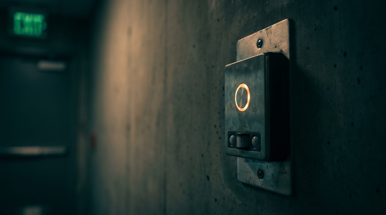 A wall-mounted corporate badge reader glowing faintly amber in a dark hallway, a close-up of the Bluetooth-connected physical security layer.