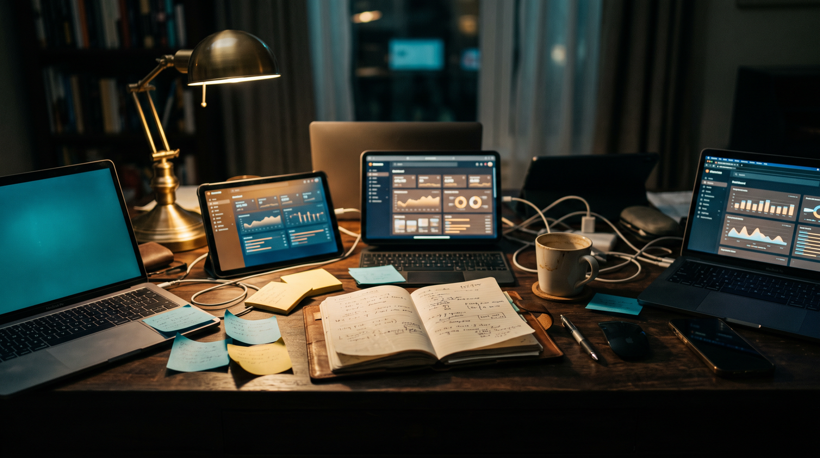 Multiple laptops, tablets, and monitors clustered on a dark wooden desk, each showing different AI tool dashboards and analytics, illuminated by a single warm brass desk lamp with notebooks and a coffee mug nearby