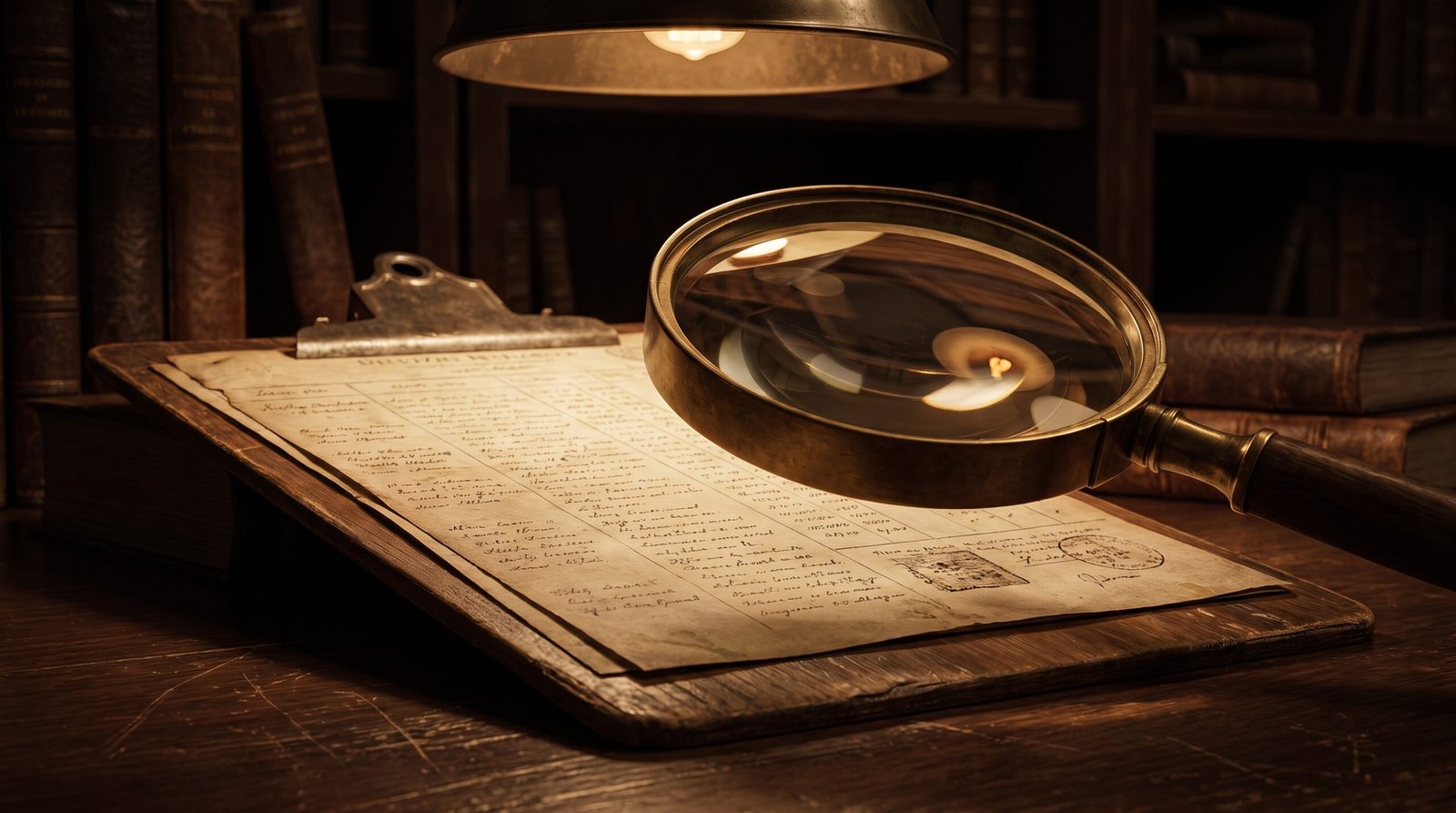 A magnifying glass over a printed registry of AI tools in dim light, an archival still life of the AI inventory problem.