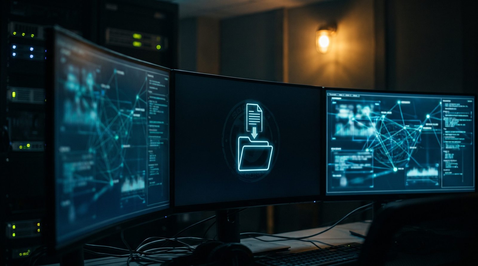 A darkened security operations workstation with three curved monitors showing abstract network graphs and an Azure tenant visualisation in cool blue and cyan, the central monitor displaying a stylised SharePoint file dead drop. Dark technological noir still life.