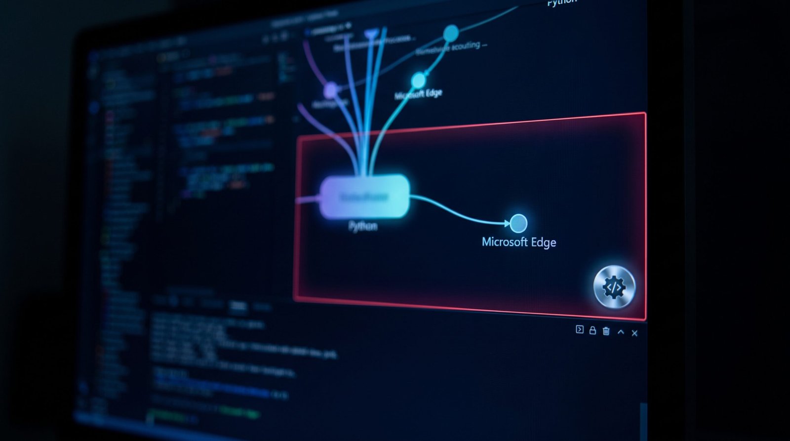 A darkened security operations workstation with three curved monitors showing abstract network graphs and an Azure tenant visualisation in cool blue and cyan, the central monitor displaying a stylised SharePoint file dead drop. Dark technological noir still life.