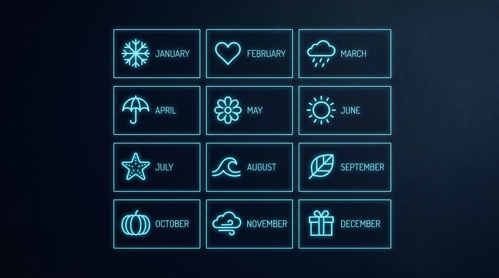Twelve months of the year laid out as a grid with small icons, in cyan and dark navy.