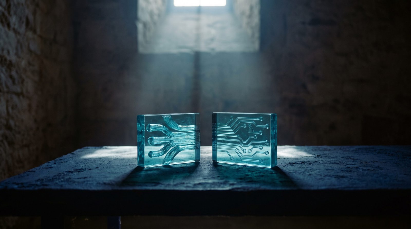 Abstract honest AI demo as glowing cyan two outputs side by side on a dark navy surface, dramatic chiaroscuro lighting from above.