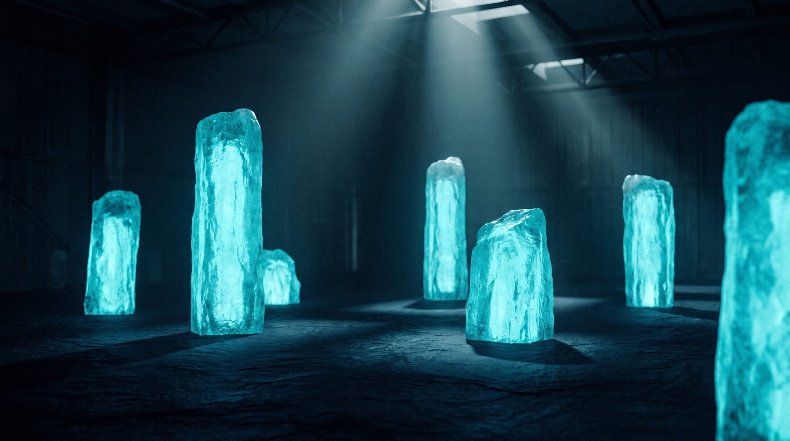 Abstract open source sustainability as glowing cyan foundation columns on a dark navy surface, dramatic chiaroscuro lighting from above.