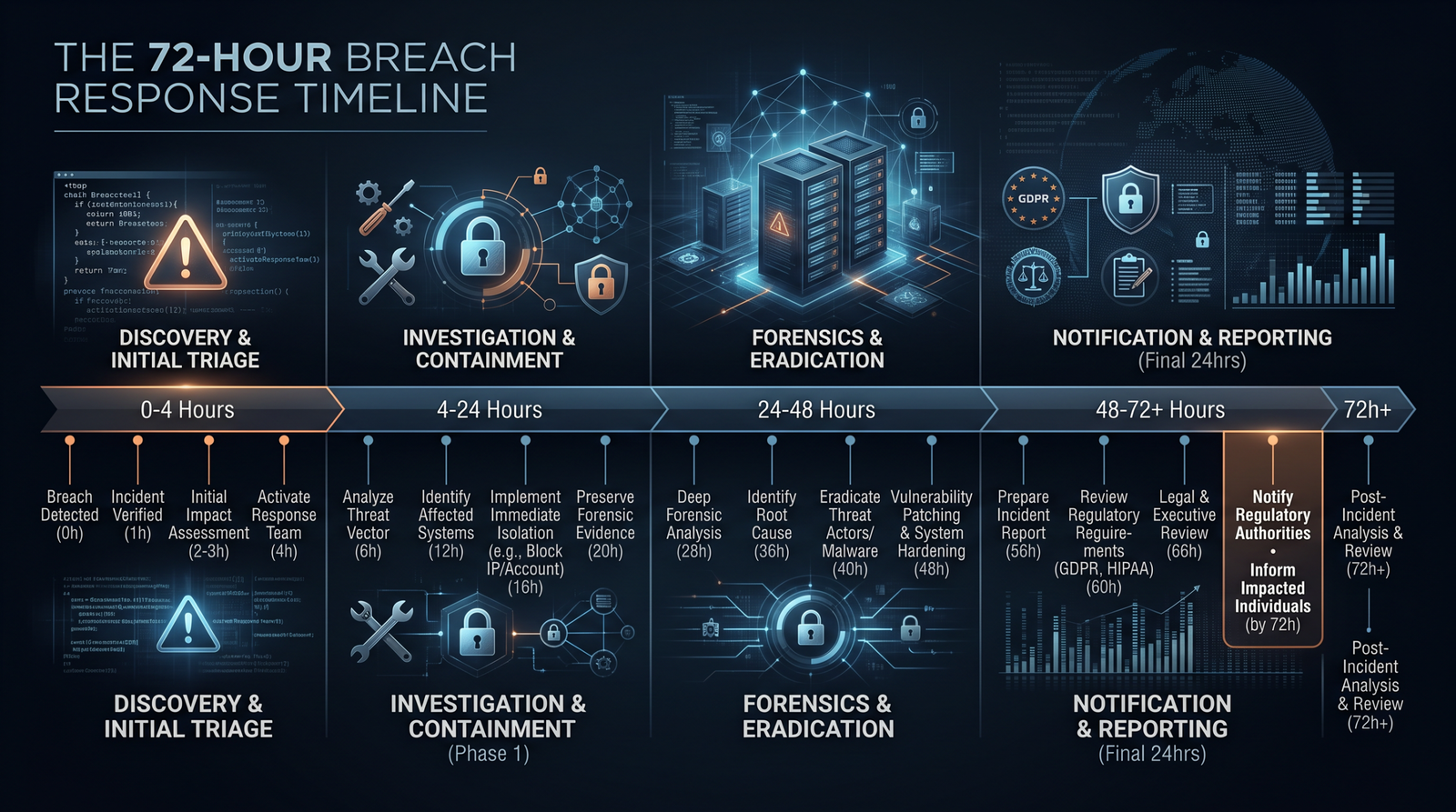 A timeline showing the standard 72 hour breach response sequence from discovery to notification to containment, with key milestones labeled.