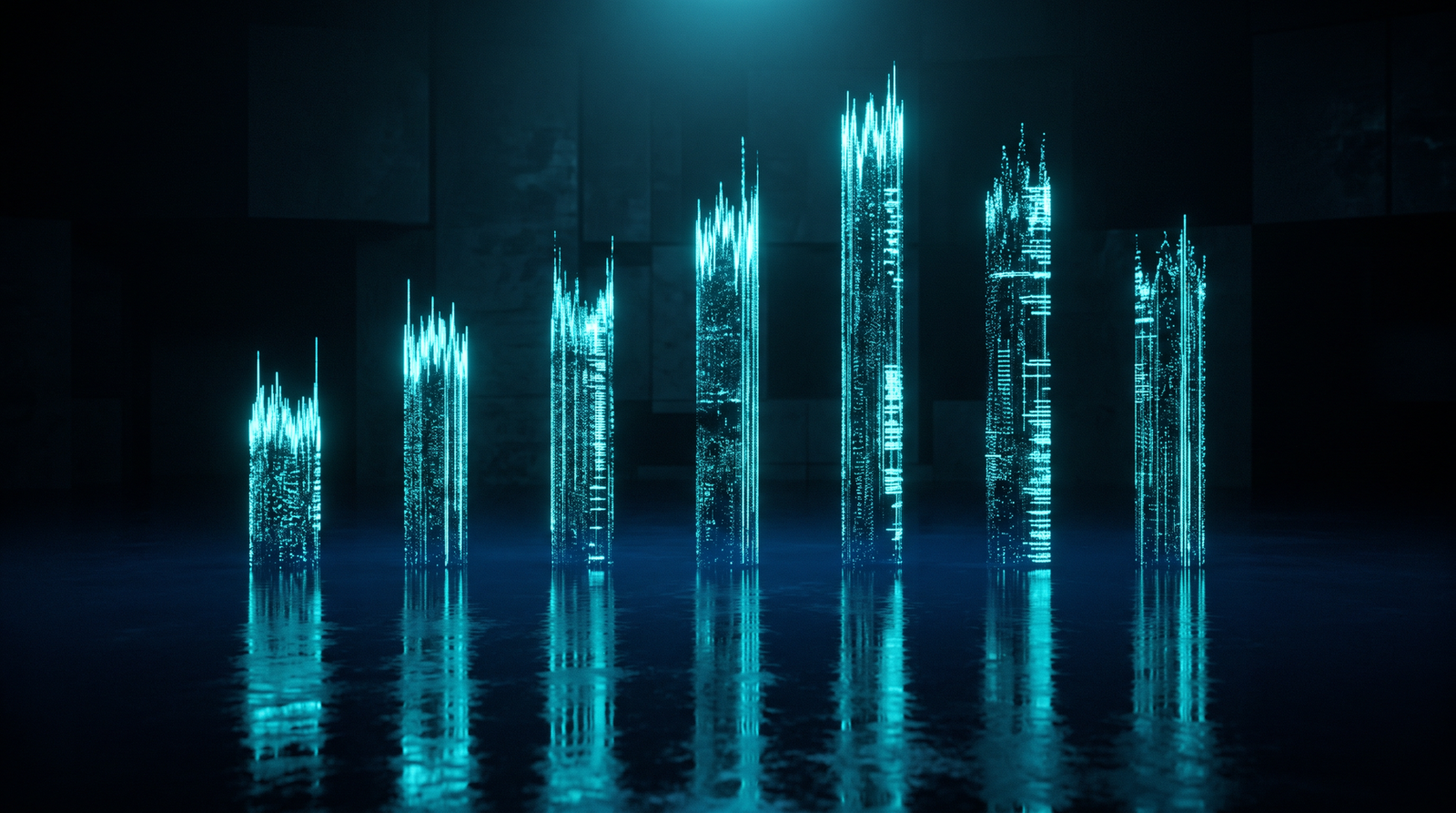 Abstract data visualisation of seven security incidents as glowing cyan columns of varying heights rising from a dark navy reflective surface, dramatic chiaroscuro lighting from above.
