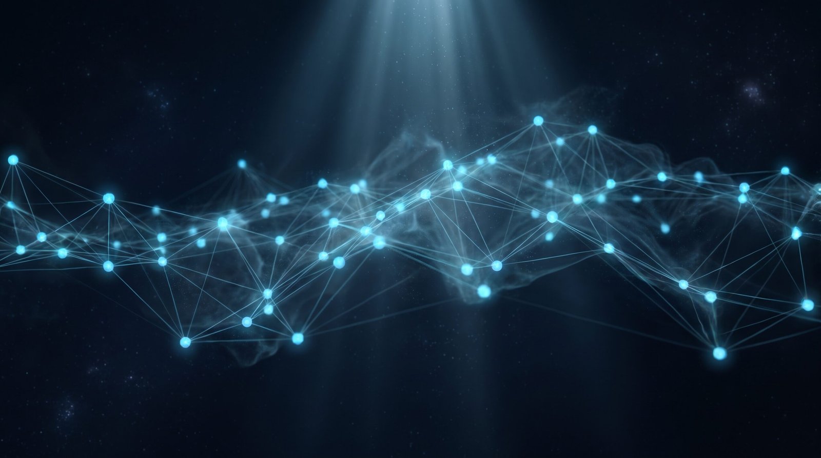 Abstract cloud network diagram as glowing cyan nodes connected by thin lines forming a web in dark navy space, dramatic single light source from above.