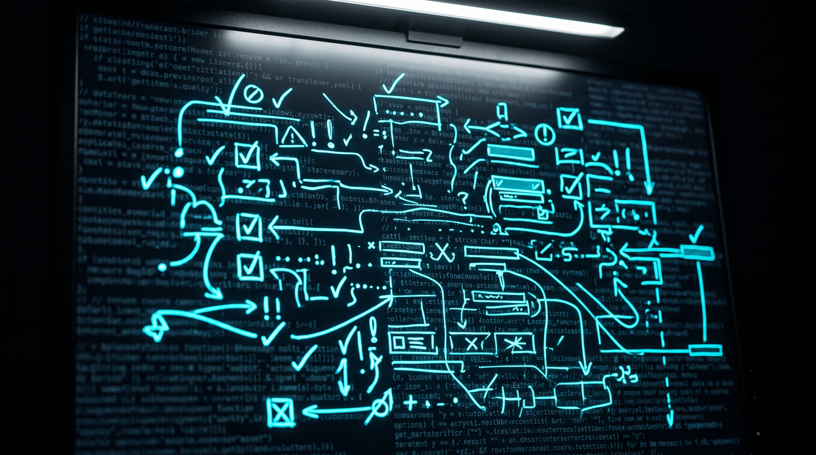 Abstract code review process as glowing cyan review marks over dark code patterns, dramatic chiaroscuro lighting from above.