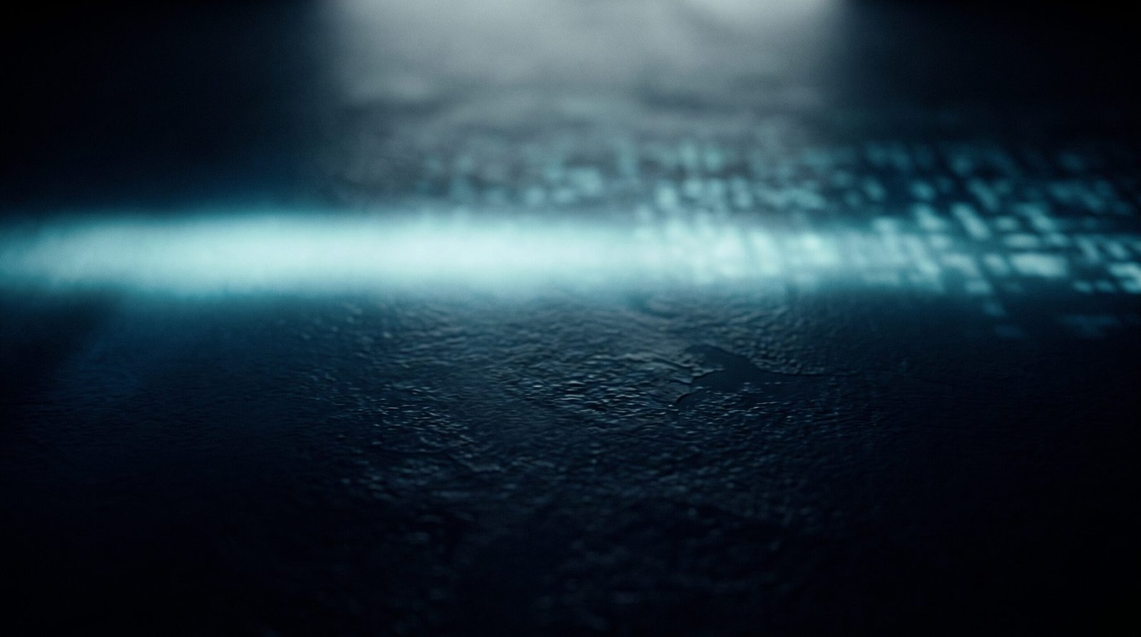 Abstract AI background as glowing cyan faded horizon on a dark navy surface, dramatic chiaroscuro lighting from above.