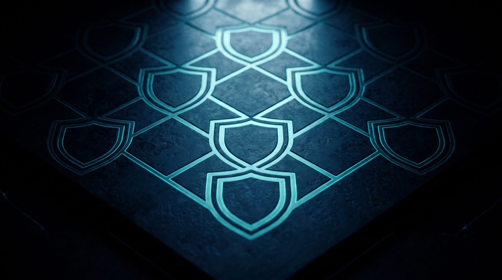 Abstract insurance coverage as glowing cyan shield pattern on a dark navy surface, dramatic chiaroscuro lighting from above.