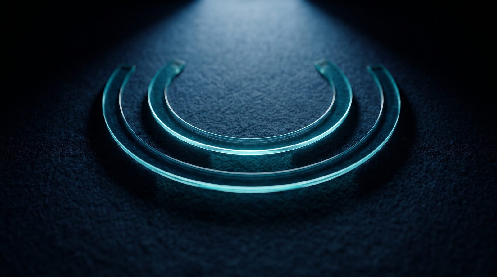 Abstract three lines of defense as glowing cyan layered arc on a dark navy surface, dramatic chiaroscuro lighting from above.