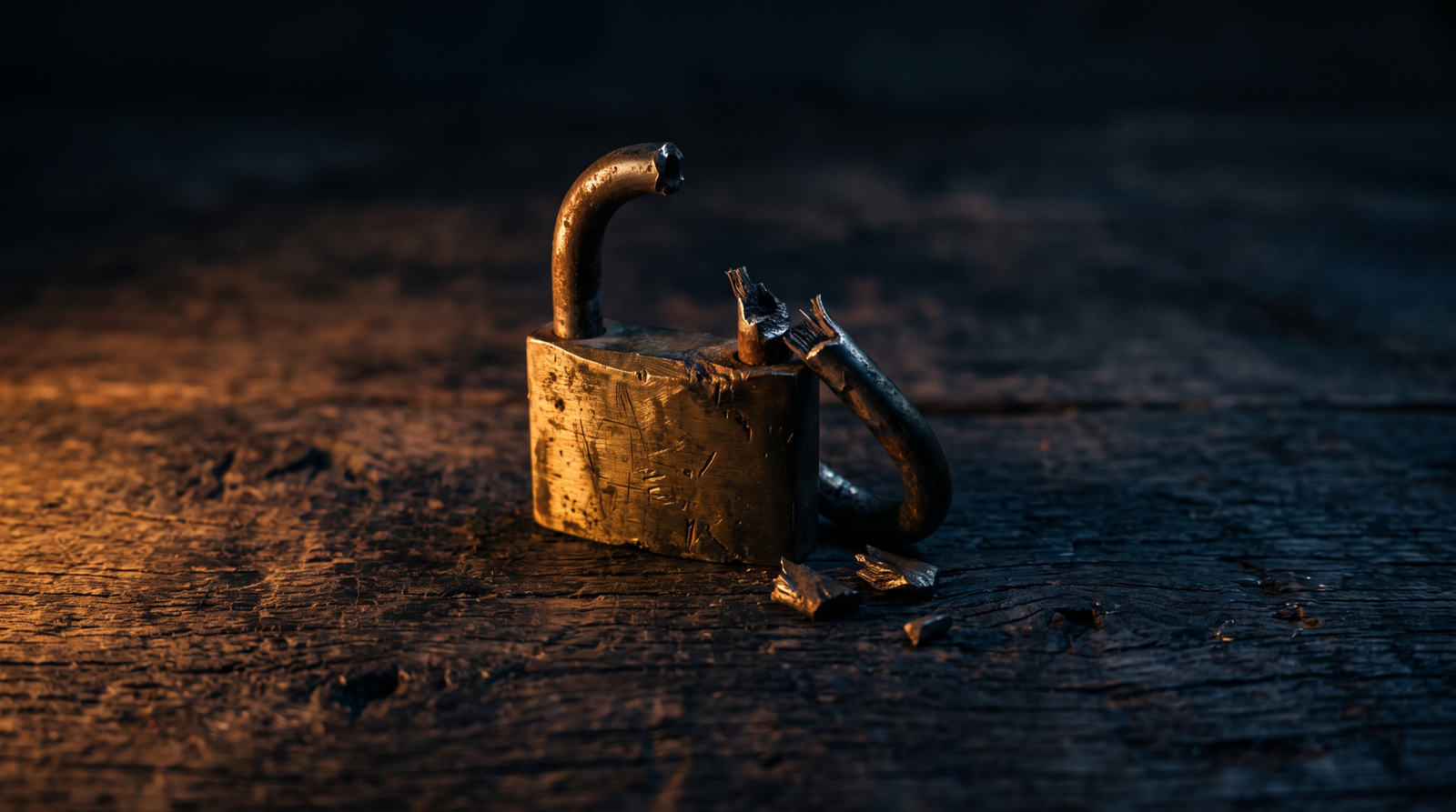 A single broken padlock on a dark wood surface, dim warm amber side light, deep navy shadows, no people visible.
