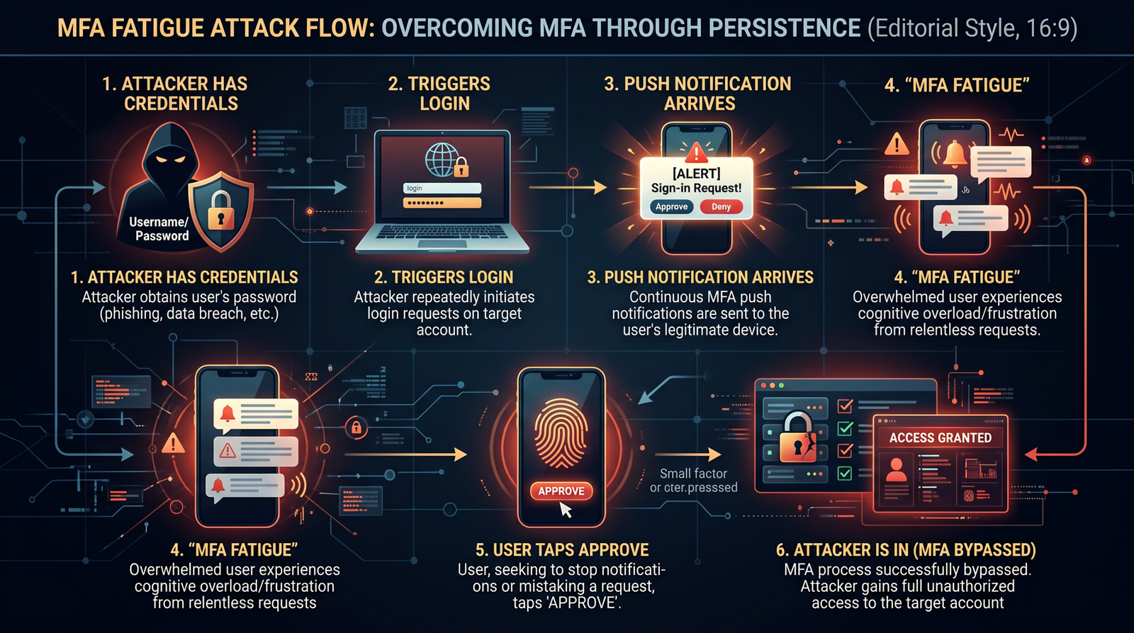 Abstract MFA prompt fatigue as multiple glowing cyan phone screens on a dark navy surface, dramatic chiaroscuro lighting from above.