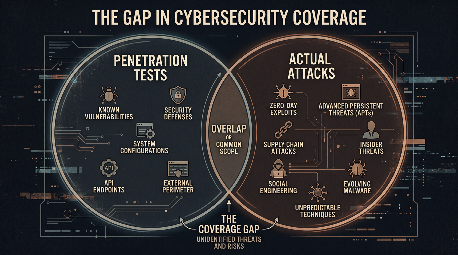 Editorial diagram showing a hacker in a hoodie on one side and a penetration tester in a business casual on the other, with a clear line between them, dark navy background with cyan accents.