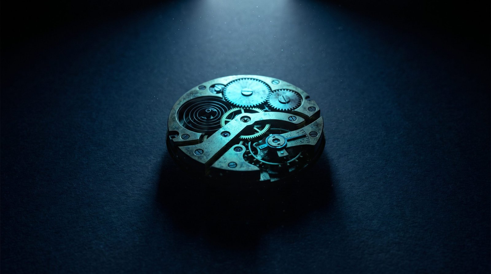 Abstract cron job as glowing cyan clockwork gear on a dark navy surface, dramatic chiaroscuro lighting from above.