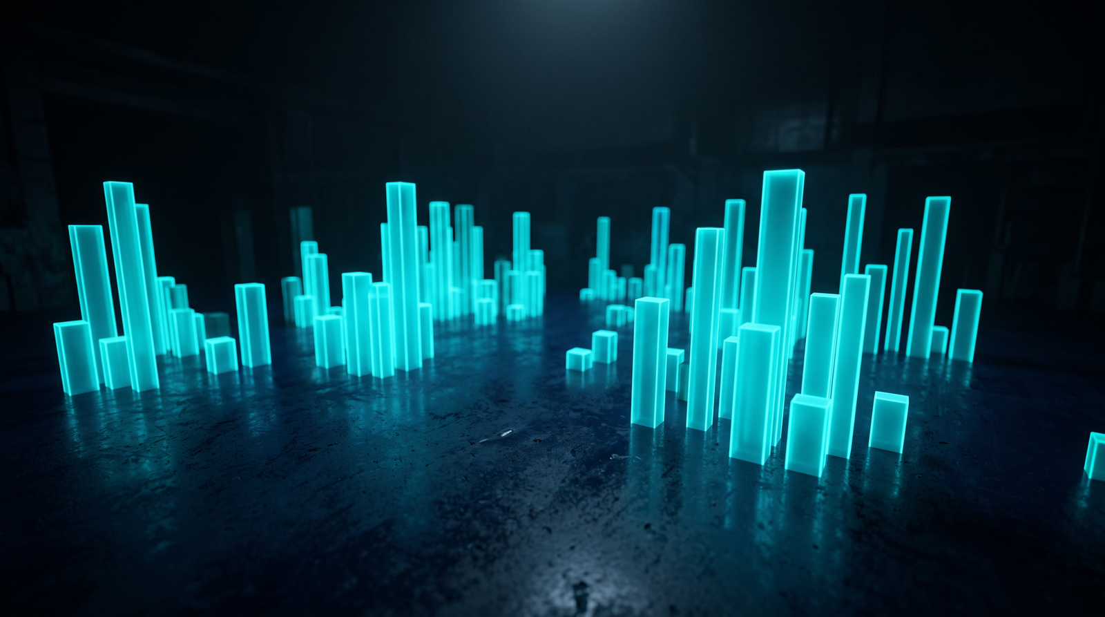 Abstract audit findings as glowing cyan columns of varying heights on a dark navy surface, dramatic chiaroscuro lighting from above.